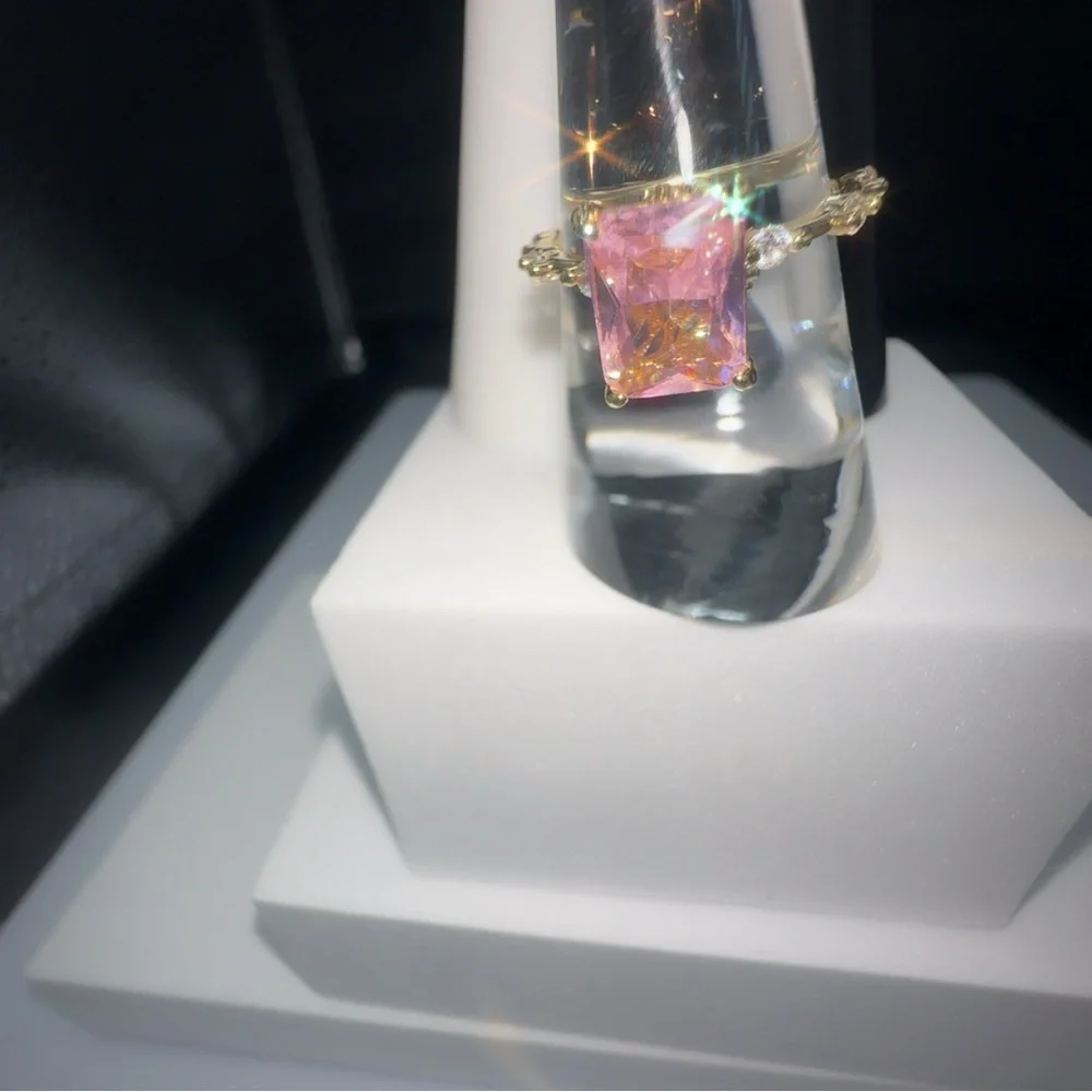 Princess Cut Pink CZ Ring Gold Plated Brass Size 7 - Picture 4 of 17